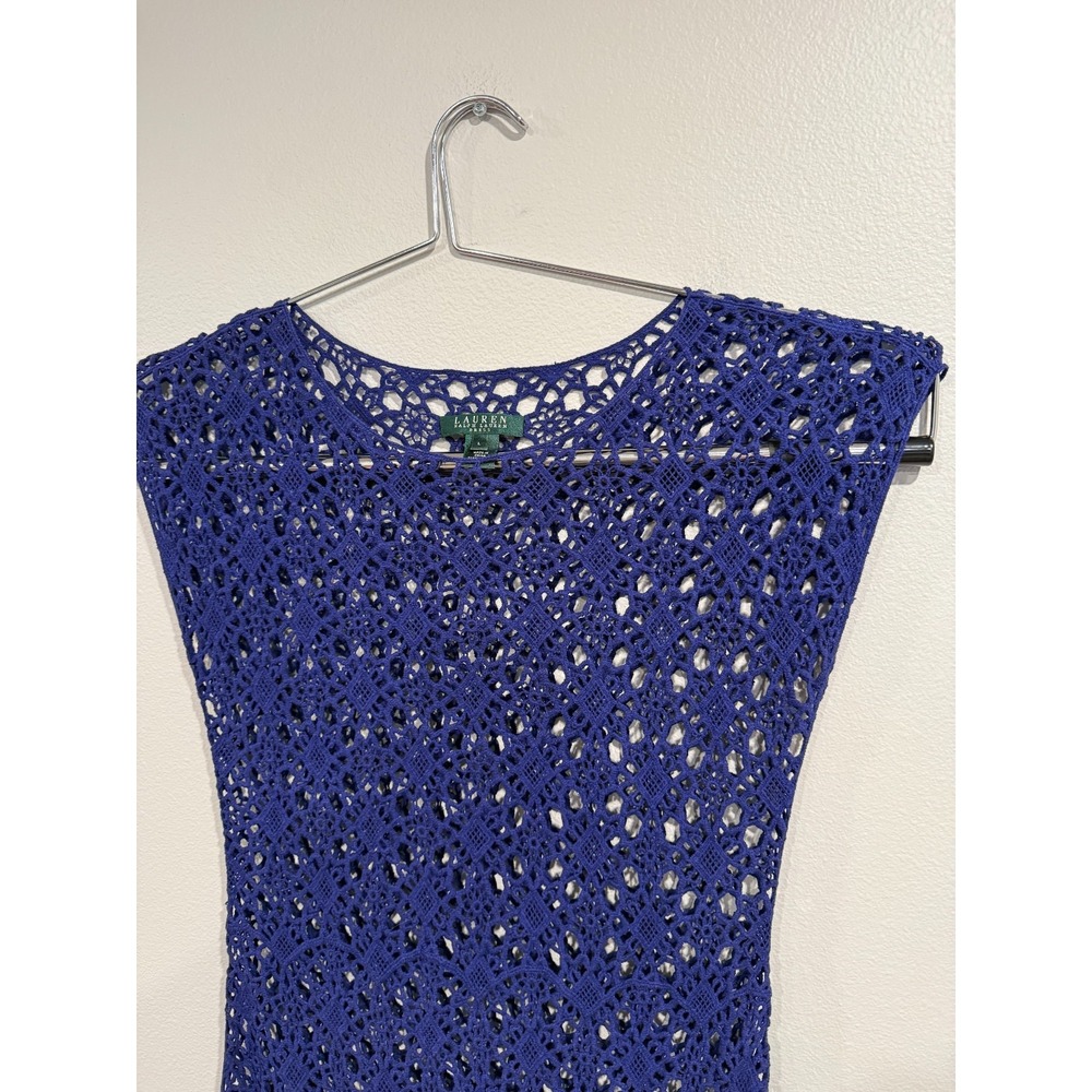 Lauren Ralph Lauren Crochet Midi Dress Women's Large Royal Blue Sleeveless Sheer - Picture 4 of 6